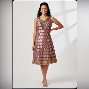 Gold Brocade Gala Dress - Beaded Mauve Luxe Sheath - Size
 S/M